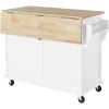 Kitchen Cart with Rubber wood Drop-Leaf Countertop, Concealed sliding barn door adjustable height