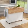 Kitchen Cart with Rubber wood Drop-Leaf Countertop, Concealed sliding barn door adjustable height