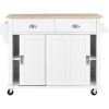 Kitchen Cart with Rubber wood Drop-Leaf Countertop, Concealed sliding barn door adjustable height