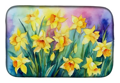 Daffodils in Watercolor Dish Drying Mat Absorbent Dish Drying Mat Pad for Kitchen Counter Dish Drainer Mat for Countertop, 14 x 21", Multicolor