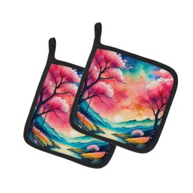 Colorful Cherry Blossoms Pair of Pot Holders Kitchen Heat Resistant Pot Holders Sets Oven Hot Pads for Cooking Baking BBQ, 7 1/2 x 7 1/2